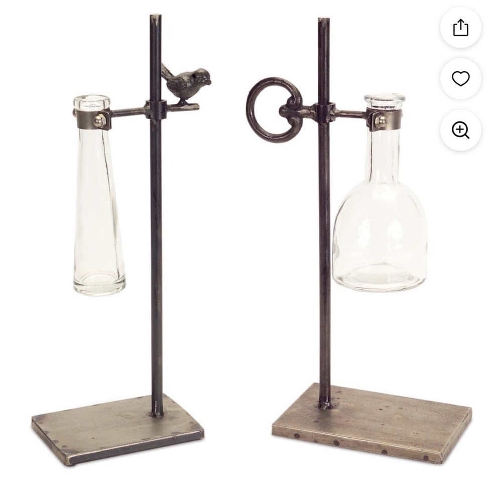 New with Tags Set of Two Beaker Style Table Vases Glass and Metal Set